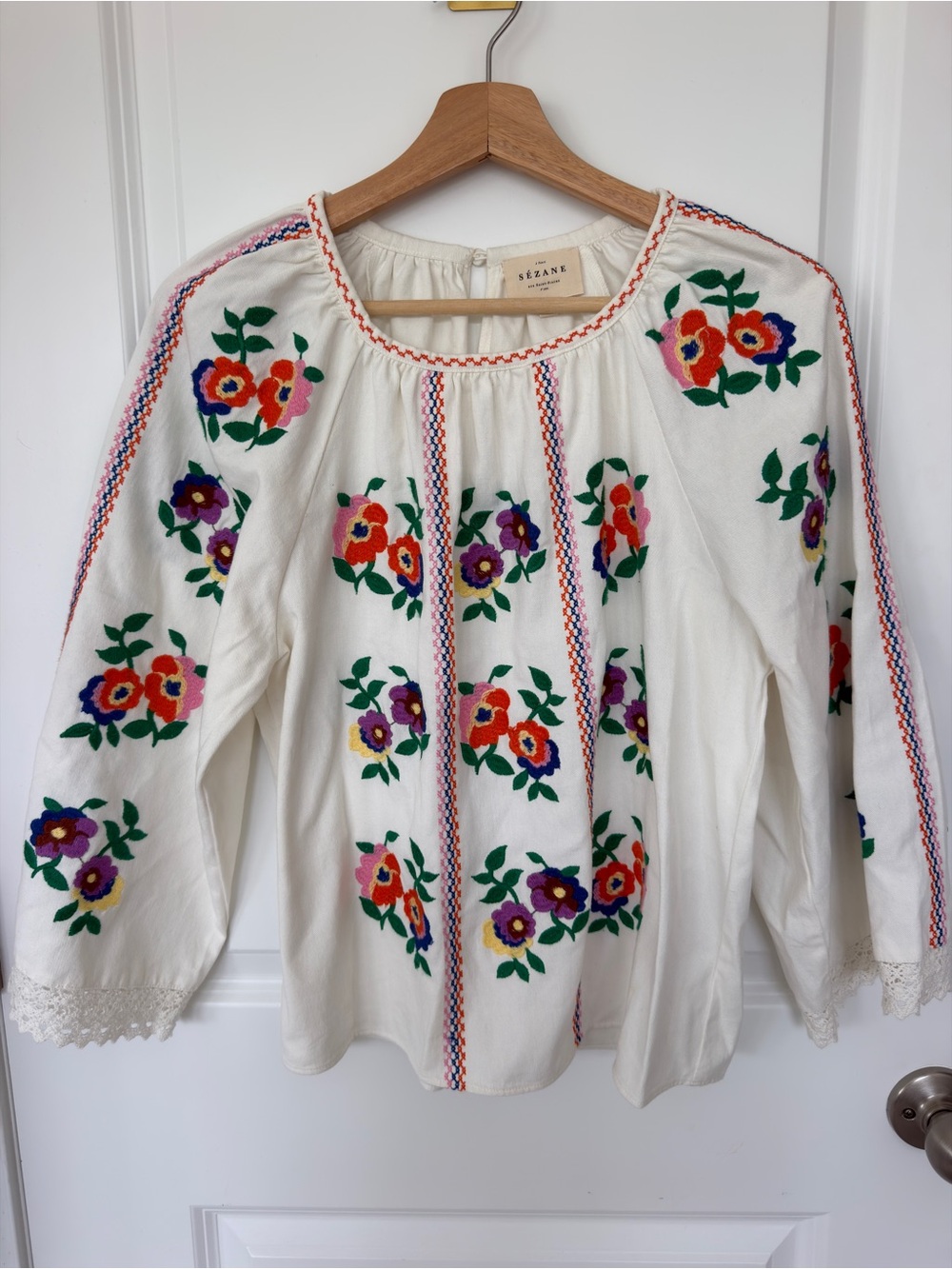 Sezane Cream Blouse with Multicolor Floral Embroidery- RINA